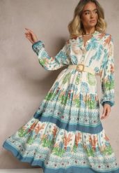 Jasnoniebieska Sukienka z Wiskozy Rozkloszowana w Print Boho Aedia. Niebieskie sukienki damskie Renee, z aplikacjami, z wiskozy, boho, bez ramiączek. W wyprzedaży za 63.99 zł.