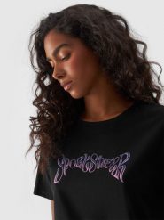 4F T-shirt regular z nadrukiem damski - czarny S. Czarne t-shirty damskie 4F, s, bez wzorów, z bawełny, bez kołnierzyka. W wyprzedaży za 29.99 zł.