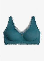 Braletka minimizer bez fiszbinów z delikatną koronką. Niebieskie biustonosze bonprix, bez wzorów, z koronki. Za 79.99 zł.