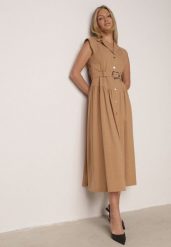Beżowa Koszulowa Sukienka Bez Rękawów z Wiskozy i Bawełny z Paskiem Suranon. Brązowe sukienki damskie Born2be, bez wzorów, z bawełny, eleganckie, bez ramiączek. Za 159.99 zł.