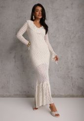 Beżowa Wieczorowa Sukienka z Koronki Zdobiona Falbanami Lunetra. Brązowe sukienki damskie Renee, z aplikacjami, z koronki, eleganckie, bez ramiączek. Za 159.99 zł.