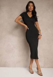 Czarna Sukienka Bodycon o Dopasowanym Kroju z Dekoltem w V Efrerina. Czarne sukienki damskie Renee, bez wzorów, z jeansu, eleganckie, bez ramiączek. W wyprzedaży za 107.99 zł.