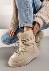 Ciemnobeżowe Śniegowce na Grubej Podeszwie Ozdobione Wiązaniem Izalenna. Brązowe śniegowce damskie Born2be, z futra. Za 89.99 zł.