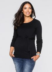 Sweter ciążowy z 100% bawełny, z wiązanym paskiem. Fioletowe swetry klasyczne damskie bonprix, z bawełny, bez kołnierzyka, moda ciążowa. Za 37.99 zł.