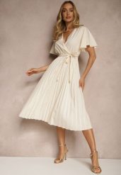 Jasnobeżowa Sukienka Wiązana w Talii z Plisowaniem na Dole Dorseki. Brązowe sukienki damskie Renee, bez wzorów, eleganckie, bez ramiączek. W wyprzedaży za 47.99 zł.