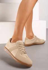 Ciemnobeżowe Płaskie Sneakersy ze Sznurowaniem i Wstawkami z Ekoskóry Elafae. Brązowe obuwie sportowe damskie Renee, z jeansu, bez zapięcia. Za 49.99 zł.