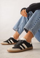 Czarno-Beżowe Casualowe Sneakersy na Płaskiej Podeszwie z Paskami Jereria. Czarne obuwie sportowe damskie Renee, z jeansu, bez zapięcia. Za 89.99 zł.