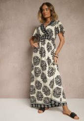 Beżowo-Czarna Sukienka w Print Boho z Wiskozy Rozkloszowana z Dekoltem V Palarina. Czarne sukienki damskie Renee, bez wzorów, z wiskozy, boho, bez ramiączek. W wyprzedaży za 83.99 zł.