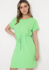 Jasnozielona Sukienka Mini z Krótkim Rękawem Ściągana w Pasie Troczkami Bellisant. Zielone sukienki damskie Born2be, bez wzorów, bez ramiączek. Za 69.99 zł.