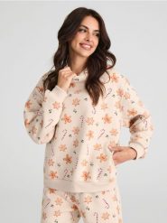 Bluza w świąteczny wzór - beżowy. Brązowe bluzy damskie Sinsay, l, bez wzorów, z kapturem. Za 39.99 zł.