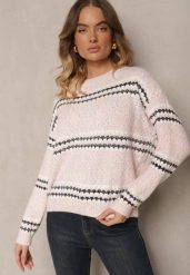 Jasnoróżowy Sweter z Bawełną w Paski Siadora. Czerwone swetry klasyczne damskie Renee, z bawełny, bez kołnierzyka. Za 69.99 zł.