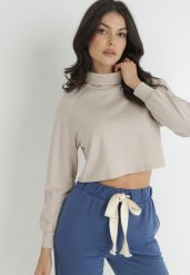 Jasnobeżowy Golf Zarola. Brązowe golfy damskie Born2be, l, z aplikacjami, z bawełny, bez ramiączek. Za 49.99 zł.