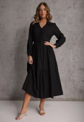 Czarna Rozkloszowana Sukienka Koszulowa z Bawełny i Wiskozy Zdobiona Klapami Gleta. Czarne sukienki damskie Renee, z aplikacjami, z bawełny, eleganckie, bez ramiączek. Za 129.99 zł.