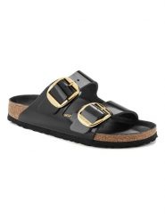Birkenstock Skórzane klapki "Arizona" w kolorze czarnym rozmiar: 37. Czarne klapki damskie Birkenstock, bez wzorów, z lakierowanej skóry, z otwartym noskiem, bez obcasa, bez zapięcia. Za 586.95 zł.