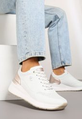 Białe Sneakersy na Koturnie Zdobione Tłoczeniami i Aplikacją Marovea. Białe obuwie sportowe damskie Renee, z jeansu, bez zapięcia. Za 139.99 zł.