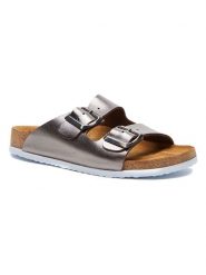 Comfortfusse Skórzane klapki w kolorze srebrnym rozmiar: 40. Szare klapki damskie Comfortfüße, bez wzorów, z otwartym noskiem, bez obcasa, bez zapięcia. Za 276.71 zł.
