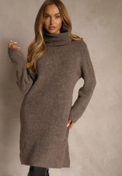 Jasnobrązowa Sweterkowa Sukienka Golf z Wełną i Wiskozą Fedorina. Brązowe sukienki damskie Renee, bez wzorów, z wełny, bez ramiączek. Za 179.99 zł.