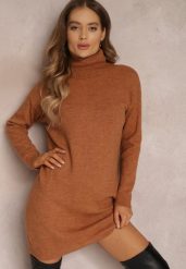 Jasnobrązowa Sukienka Milana. Brązowe sukienki damskie Renee, bez wzorów, z dzianiny, bez ramiączek. W wyprzedaży za 119.99 zł.