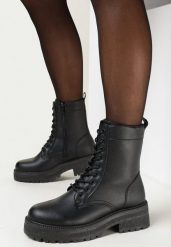 Czarne Sznurowane Botki Workery Luxira. Czarne botki damskie Born2be, z jeansu, bez obcasa, na płaskiej podeszwie, bez zapięcia. Za 49.99 zł.