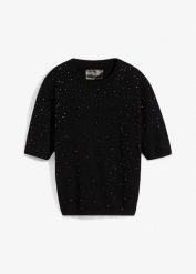 Sweter z połyskującymi kamieniami, rękawy 1/2. Czarne swetry klasyczne damskie bonprix, z wiskozy, bez kołnierzyka. Za 129.99 zł.