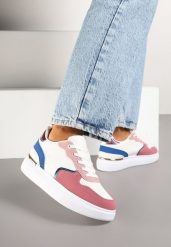 Biało-Różowe Sneakersy Ozdobione Metalicznymi Wstawkami Delarila. Białe obuwie sportowe damskie Born2be, na lato, z jeansu, bez zapięcia. Za 99.99 zł.