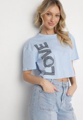 Niebieski Krótki Bawełniany T-shirt z Napisem Sannirra. Niebieskie t-shirty damskie Born2be, m, bez wzorów, z bawełny, bez kołnierzyka. Za 34.99 zł.