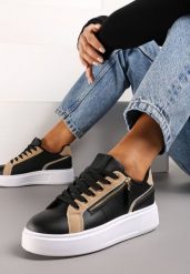 Czarne Sneakersy z Ozdobnym Suwakiem i Platformą Iolanna. Czarne obuwie sportowe damskie Renee, z materiału, bez zapięcia. Za 89.99 zł.