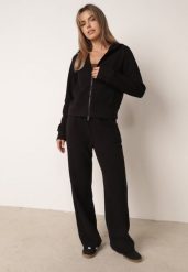 Czarny Komplet Dresowy z Prążkowanego Materiału Bluza z Kapturem i Spodnie Alatha. Czarne bluzy damskie Born2be, l, bez wzorów, z dresówki, z kapturem. Za 169.99 zł.