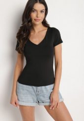 Czarny T-shirt z Wiskozą o Dopasowanym Kroju z Dekoltem w Serek Folarisse. Czarne t-shirty damskie Born2be, l, bez wzorów, z jeansu, bez kołnierzyka. Za 74.99 zł.