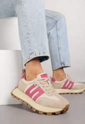 Beżowo-Fuksjowe Sneakersy ze Skóry Naturalnej Ozdobione Geometrycznym Wzorem Melassea. Brązowe obuwie sportowe damskie Renee, ze skóry, bez zapięcia. Za 239.99 zł.