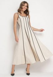 Jasnobeżowa Rozkloszowana Sukienka z Wiskozą w Pionowe Paski Gonavirae. Brązowe sukienki damskie Born2be, bez wzorów, z bawełny, eleganckie, bez ramiączek. Za 189.99 zł.