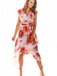 Sukienka Model A308 Red Flowers - awama. Czerwone sukienki damskie Awama, bez wzorów, z szyfonu, eleganckie, bez ramiączek. Za 396.72 zł.