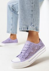 Fioletowe Ażurowe Trampki Przed Kostkę Russi. Fioletowe trampki damskie Born2be, w ażurowe wzory, z jeansu, przed kostkę, bez zapięcia. Za 79.99 zł.