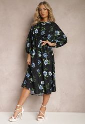 Czarno-Niebieska Midi Sukienka w Kwiaty o Rozkloszowanym Kroju z Rękawami Nietoperz Jervia. Czarne sukienki damskie Renee, bez wzorów, eleganckie, bez ramiączek. W wyprzedaży za 39.99 zł.
