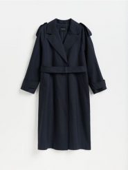 Długi trencz z bawełną - granatowy. Niebieskie płaszcze damskie Reserved, l, bez wzorów, z bawełny, bez kaptura. Za 359.99 zł.