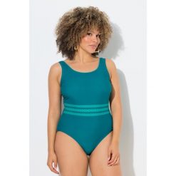 Damskie Strój kąpielowy ozdobne paski bez miękkich miseczek okrągły dekolt. Niebieskie stroje jednoczęściowe Ulla Popken, bez wzorów, z elastanu. Za 199.99 zł.
