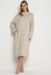 Beżowa Pudełkowa Sukienka z Wiskozą Ozdobiona Metaliczną Nicią Arfalea. Brązowe sukienki damskie Born2be, bez wzorów, z jeansu, eleganckie, bez ramiączek. W wyprzedaży za 110.49 zł.