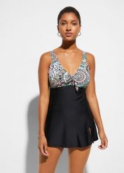 Sukienka kąpielowa z ozdobną kokardką. Czarne sukienki damskie bonprix, bez wzorów, bez ramiączek. Za 132.99 zł.