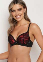 Czarno-Czerwony Koronkowy Biustonosz Push-Up na Regulowanych Ramiączkach Yloena. Czarne biustonosze Born2be, bez wzorów, z koronki. Za 34.99 zł.
