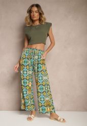 Zielone Bawełniane Spodnie High Waist Szerokie we Wzór Boho Tolioria. Zielone spodnie materiałowe damskie Renee, bez wzorów, z bawełny. Za 29.99 zł.