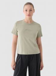 4F T-shirt regular z nadrukiem damski - oliwkowy/khaki S. Brązowe t-shirty damskie 4F, s, bez wzorów, z bawełny, bez kołnierzyka. W wyprzedaży za 29.99 zł.