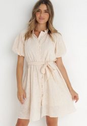 Jasnobeżowa Sukienka z Bawełny Zanpey. Brązowe sukienki damskie Born2be, bez wzorów, z bawełny, eleganckie, bez ramiączek. Za 249.99 zł.