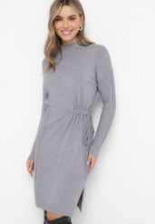 Szara Sukienka Mini ze Sweterkowego Materiału z Półgolfem Ściągana Sznurkiem Docaliva. Szare sukienki damskie Born2be, bez wzorów, bez ramiączek. W wyprzedaży za 76.49 zł.