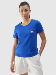4F T-shirt regular z nadrukiem damski - niebieski S. Niebieskie t-shirty damskie 4F, s, bez wzorów, z bawełny, bez kołnierzyka. W wyprzedaży za 29.99 zł.