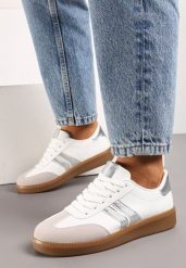 Biało-Srebrne Sznurowane Sneakersy Tenisówki z Kauczukową Podeszwą Gialessa. Białe obuwie sportowe damskie Renee, bez wzorów, z kauczuku, bez zapięcia. Za 89.99 zł.