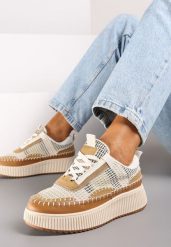 Beżowe Sneakersy na Platformie Wykończone Przeszyciami Terionna. Brązowe obuwie sportowe damskie Renee, z jeansu, bez zapięcia. Za 99.99 zł.