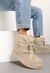 Ciemnobeżowe Śniegowce na Platformie ze Sznurowaniem Izatria. Brązowe śniegowce damskie Renee, z futra. Za 69.99 zł.