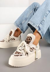 Beżowe Panterkowe Sneakersy na Grubej Podeszwie z Ozdobnym Sznurowaniem Sovvia. Brązowe obuwie sportowe damskie Born2be, bez zapięcia. Za 89.99 zł.