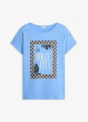 T-shirt z czystej bawełny organicznej. Niebieskie t-shirty damskie bonprix, bez wzorów, z bawełny, bez kołnierzyka. Za 54.99 zł.
