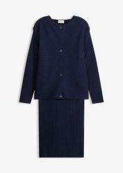 Sukienka dzianinowa i kamizelka (2 części). Niebieskie sukienki damskie bonprix, bez wzorów, z dzianiny, eleganckie, bez ramiączek. Za 129.99 zł.